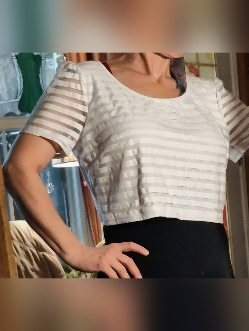 NWT bebe Sheer Stripe Cropped Top - White  Size Large